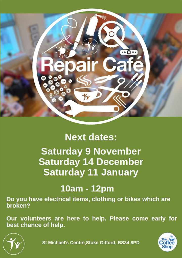 Poster advertising the Repair Cafe (all text content displayed on page)